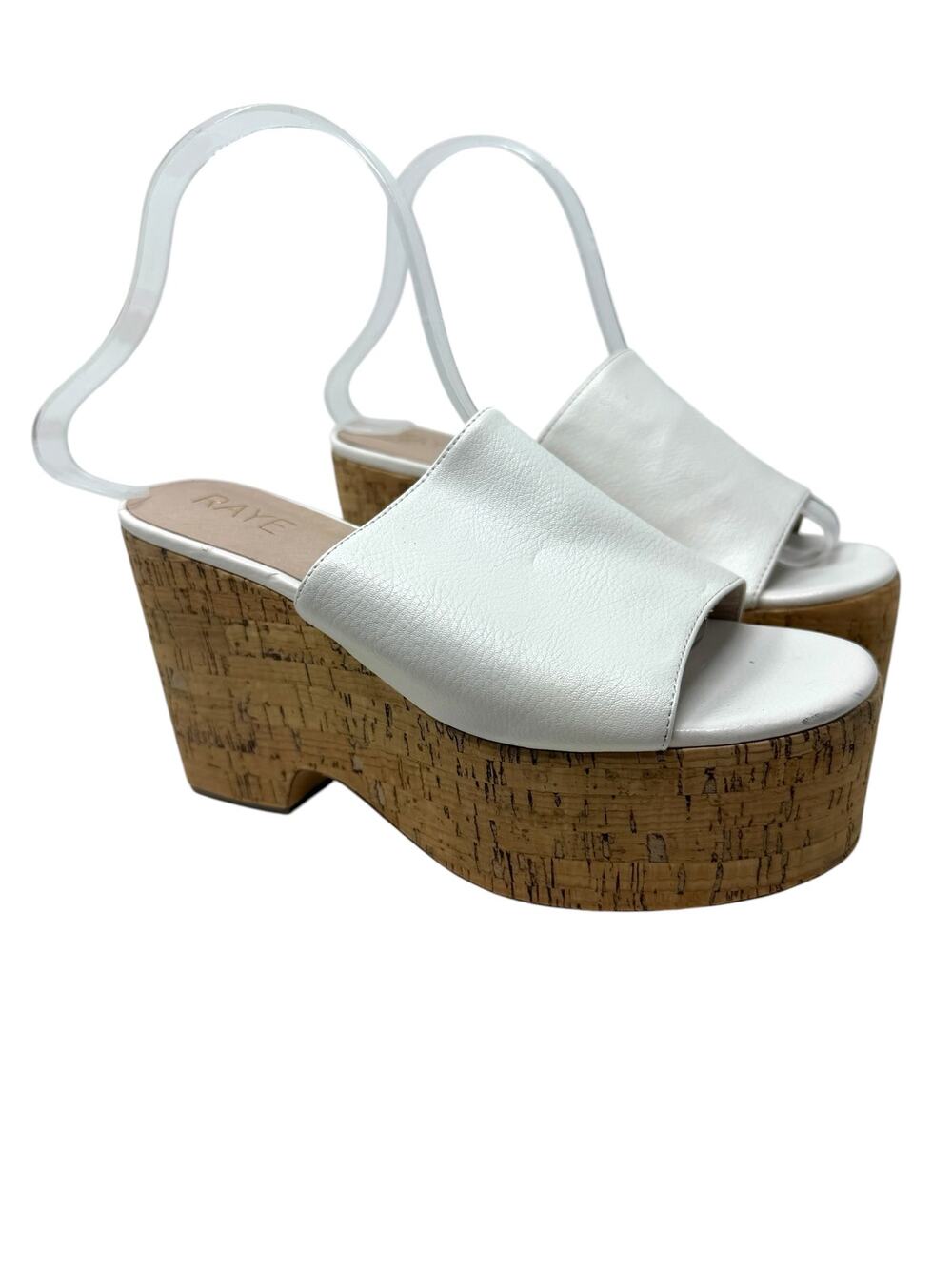 RAYE White Leather Cork Platform Sandals Chunky Block Heel Womens Size 7.5
